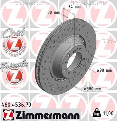 Тормозной диск Zimmermann FORMULA Z задний левый для Porsche Cayman II (981) 2015-2016. Артикул 460.4536.70