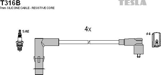 Высоковольтные провода (провода зажигания) (комплект) Tesla для Renault Megane I 1996-2003. Артикул T316B