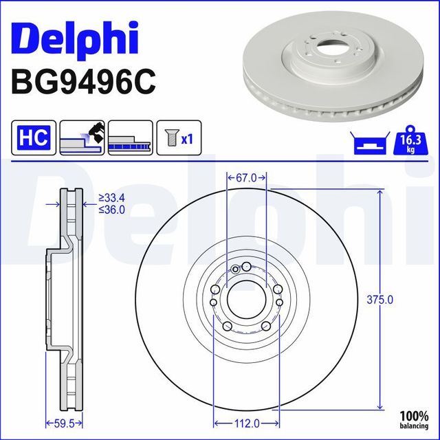 Тормозной диск Delphi для Mercedes-Benz GLE Coupe II (C167) 2019-2026. Артикул BG9496C