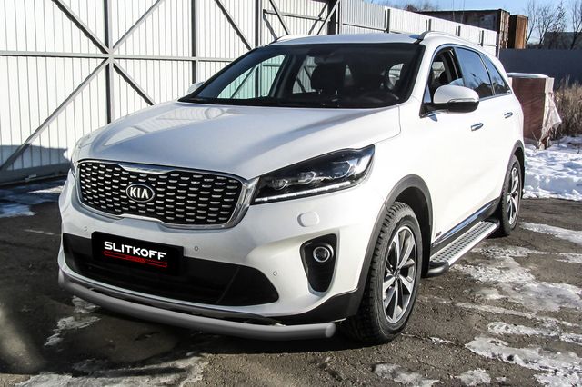 Защита Slitkoff переднего бампера d57 для Kia Sorento III (Prime) рестайлинг 2017-2020 Серебристая. Артикул KS17-002S