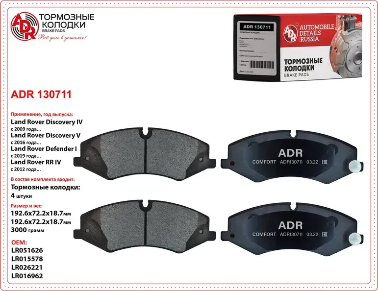 Колодки тормозные передние (ADR) ADR. Артикул ADR130711