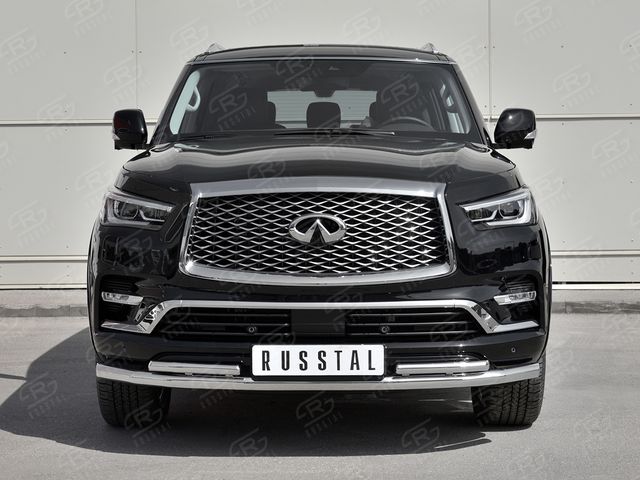 Защита RusStal переднего бампера d63 секции-d42 секции для Infiniti QX80 I рестайлинг 2018-2025. Артикул IQX8Z-003009
