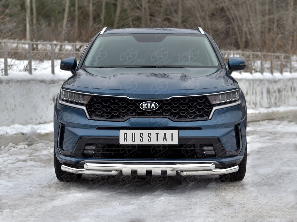 Защита RusStal переднего бампера d63 секции-d63 уголки+клыки для Kia Sorento IV 2020-2026. Артикул KSORZ-004016