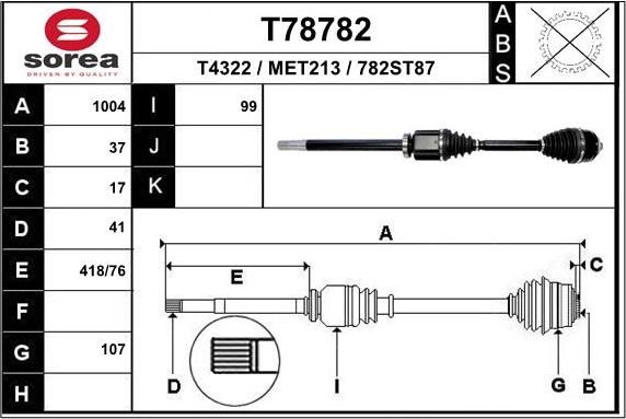 Полуось (привод в сборе, приводной вал) EAI для Mercedes-Benz Sprinter 907, 910 2018-2026. Артикул T78782