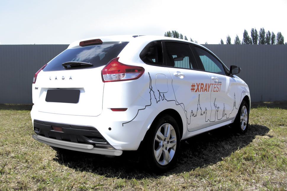 Защита Slitkoff заднего бампера d57+d42 двойная для Lada Xray 2015-2026 Серебристая. Артикул LadXR011S