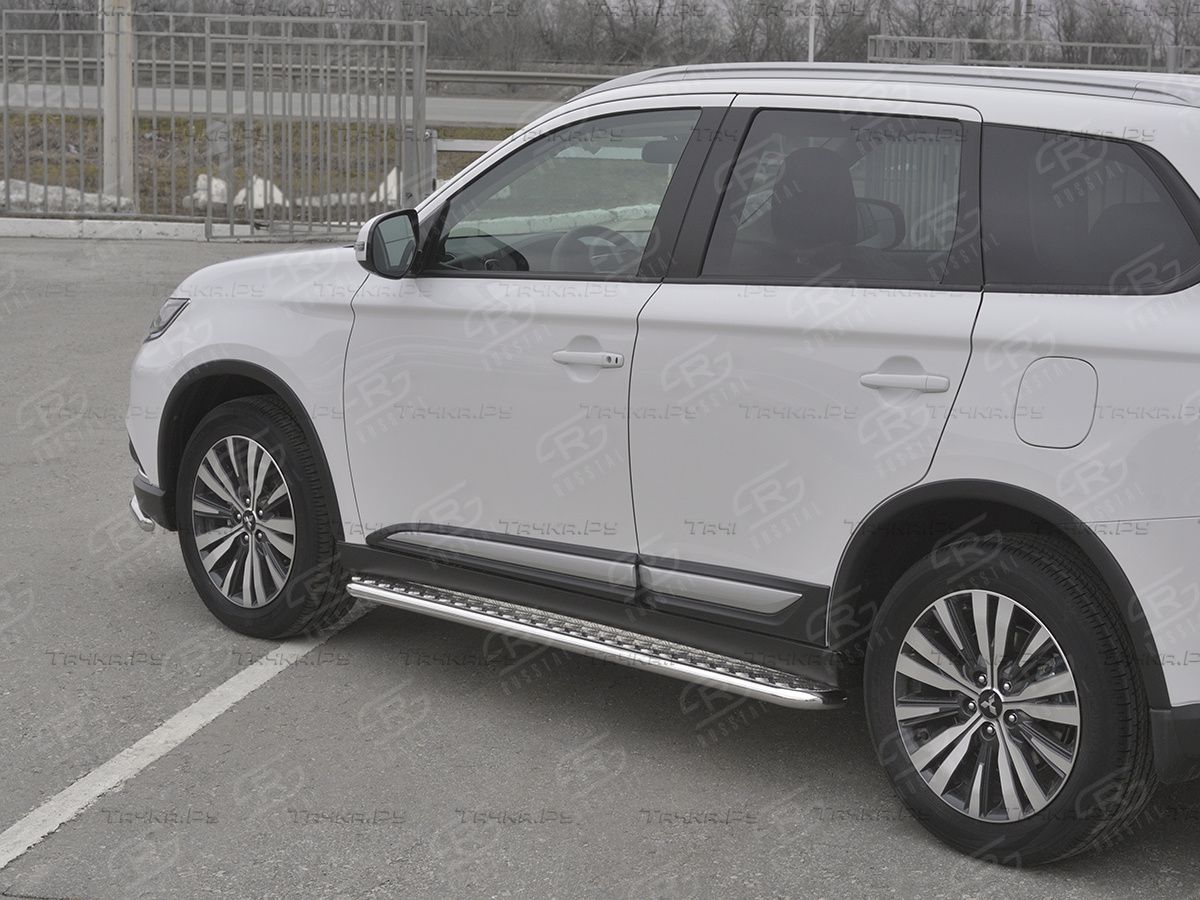 Защита порогов RusStal труба d42 с листом (Лист алюм, проф. нерж) (Вариант 1) для Mitsubishi Outlander III 3-й рестайлинг 2018-2026. Артикул MOL-0032071
