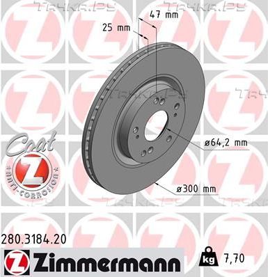 Тормозной диск Zimmermann Coat Z для Honda CR-V II 2001-2007. Артикул 280.3184.20