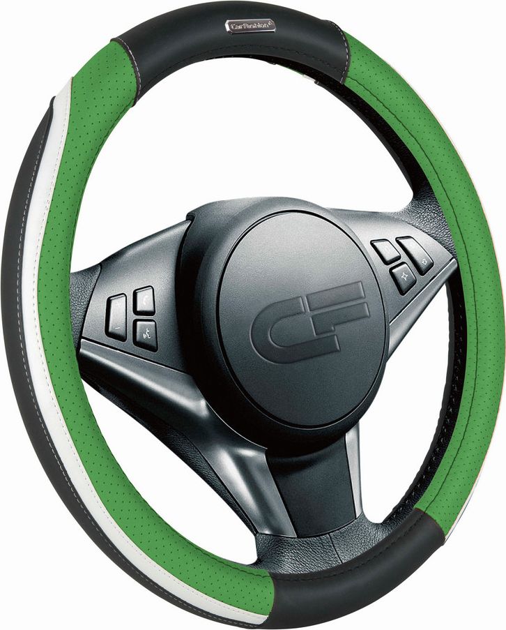 Оплётка на руль CarFashion Step (размер M, экокожа, цвет ЧЕРНЫЙ/ЗЕЛЕНЫЙ/БЕЛЫЙ/БЕЛЫЙ/ЧЕРНЫЙ/БЕЛЫЙ). Артикул 31308
