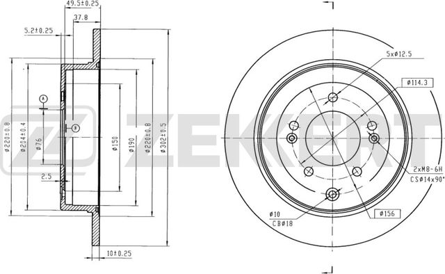 Тормозной диск Zekkert задний для Hyundai Tucson III 2015-2026. Артикул BS-6250B