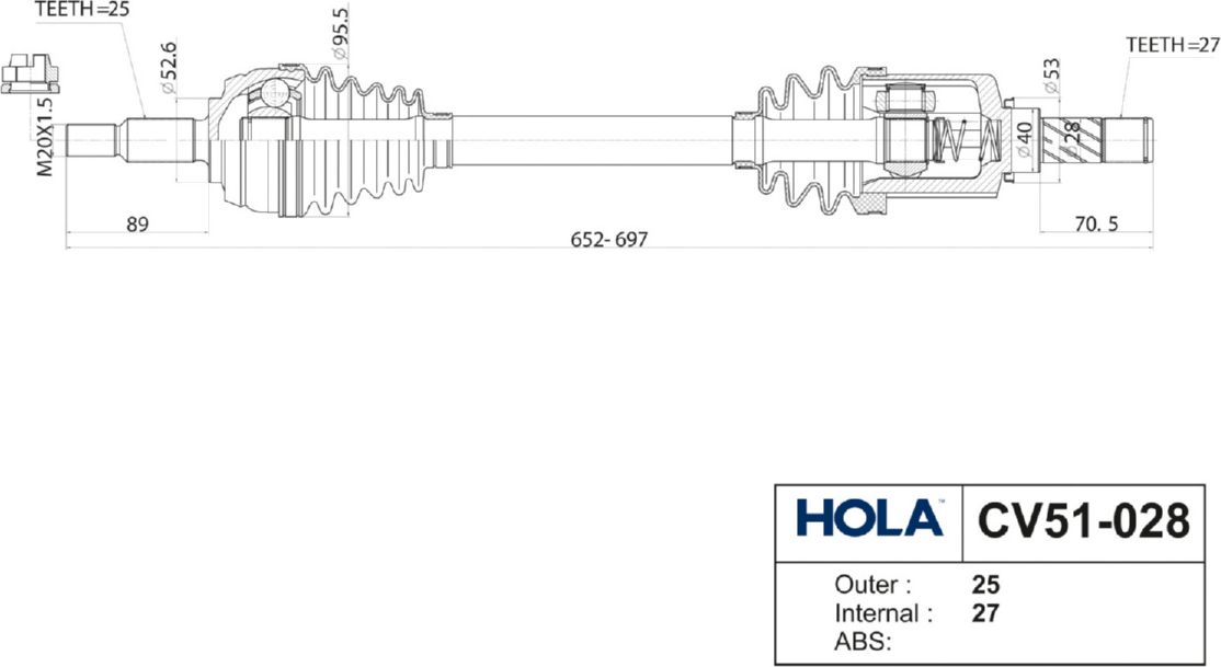 Полуось (привод в сборе, приводной вал) HOLA. Артикул CV51-028