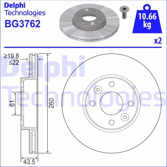 Тормозной диск Delphi передний для Renault Clio V 2008-2026. Артикул BG3762