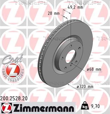 Тормозной диск Zimmermann Coat Z передний для Infiniti M IV 2010-2013. Артикул 200.2528.20