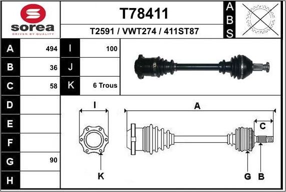Полуось (привод в сборе, приводной вал) EAI. Артикул T97069A1