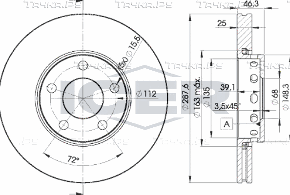 Тормозной диск Icer передний для Volkswagen Passat B5 1997-2005. Артикул 78BD4063-2