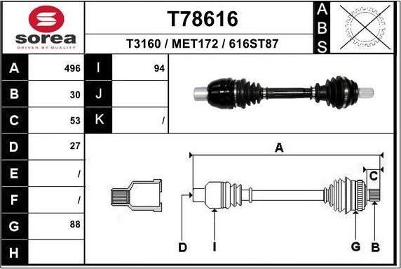 Полуось (привод в сборе, приводной вал) EAI. Артикул T78616