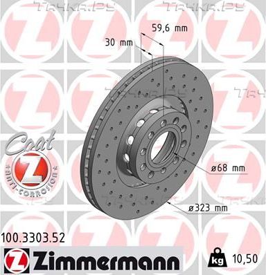 Тормозной диск Zimmermann Sport Coat Z передний для Audi A8 I (D2) 1996-2002. Артикул 100.3303.52