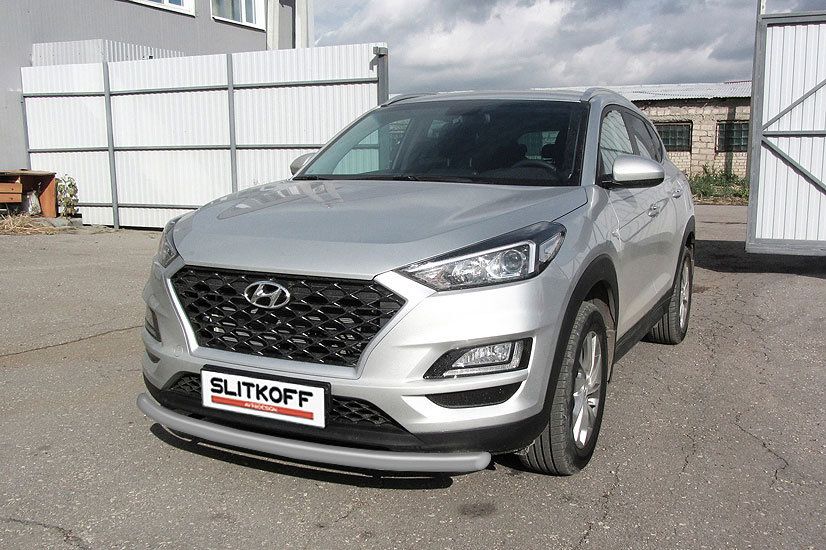 Защита Slitkoff переднего бампера d57 для Hyundai Tucson III рестайлинг 2018-2026 Серебристая. Артикул HT18002S