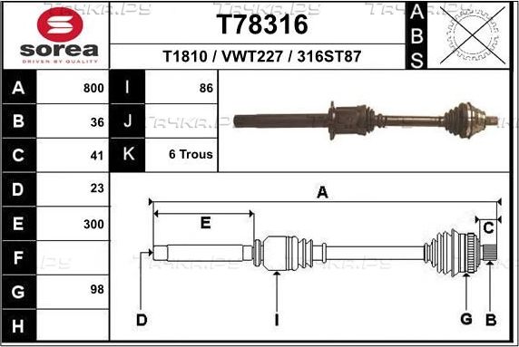 Полуось (привод в сборе, приводной вал) EAI. Артикул T78316