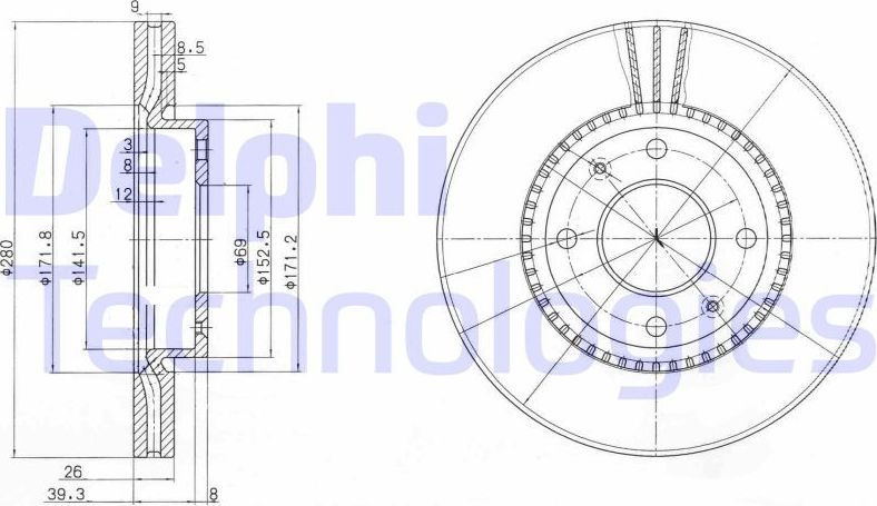 Тормозной диск Delphi передний для Hyundai Sonata V (NF) 2005-2010. Артикул BG4013