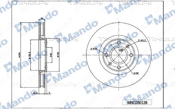 Тормозной диск Mando передний для Citroen C3 I 2002-2010. Артикул MBC030128