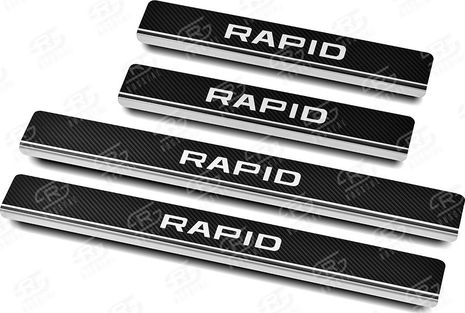 Накладки RusStal на пороги (лист нерж. карбон с надписью) для Skoda Rapid II 2020-2026. Артикул SKRAP20-06