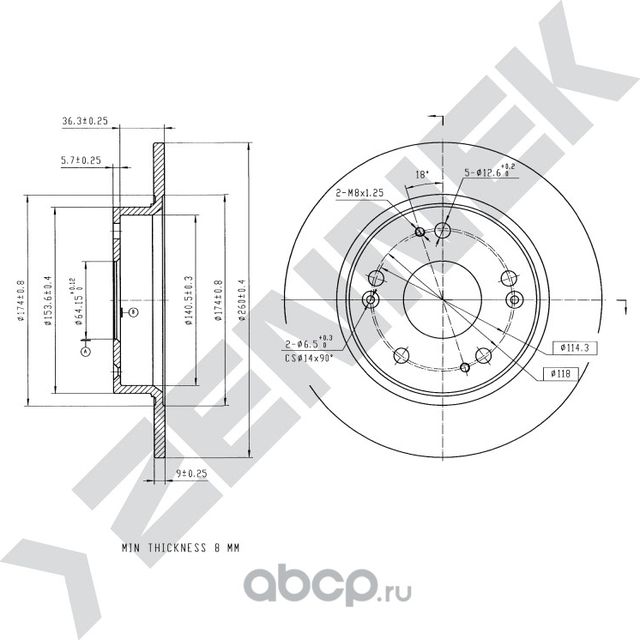 Диск тормозной задний HONDA CIVIC IX 11 -> CIVIC VIII 05 (Zennek). Артикул DBD0126
