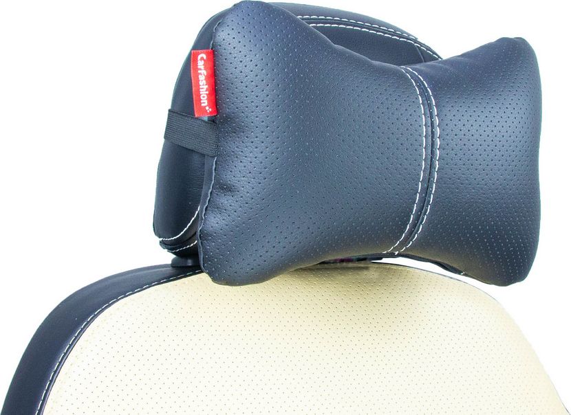 Подушка под шею CarFashion ортопедическая Экокожа, цвет Черный/Черный/Бежевый. Артикул 41117