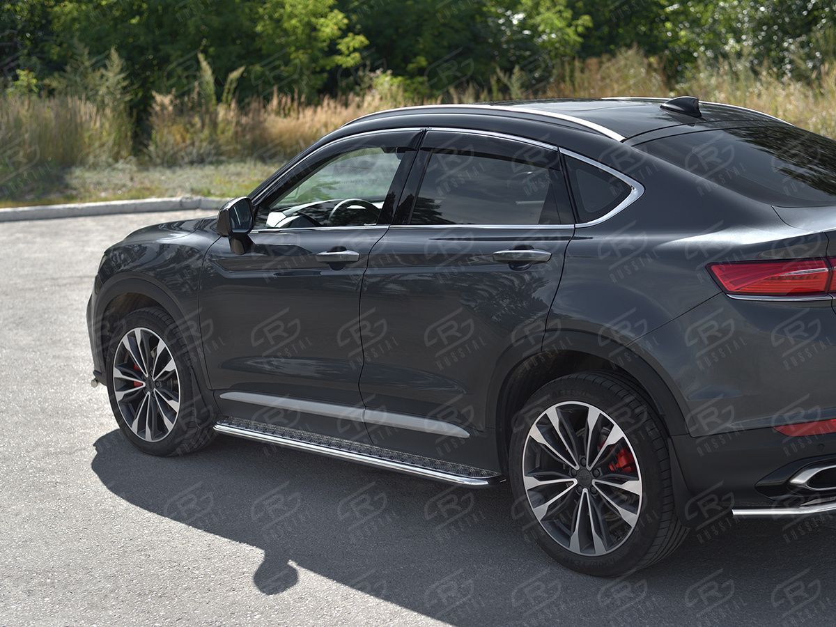 Защита порогов алюминиевые RusStal труба d42 с листом (вариант 2) для Geely Tugella 2020-2026. Артикул GTGL-0039442