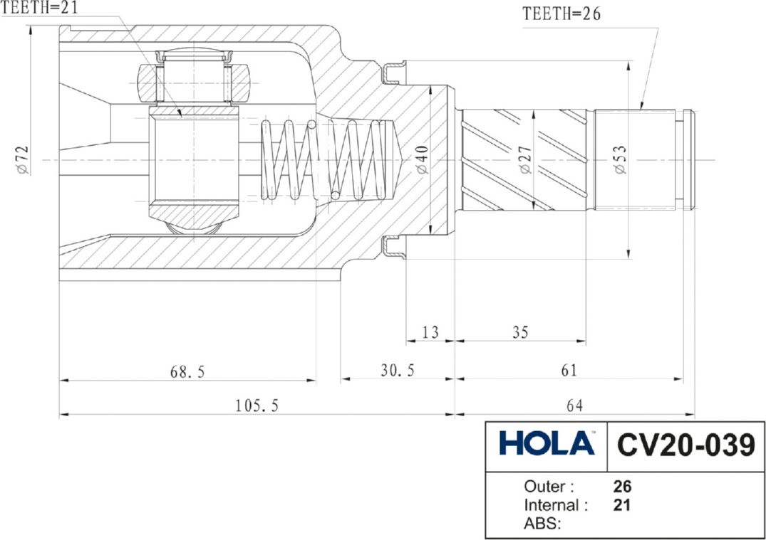 Шрус внутренний (граната) HOLA. Артикул CV20-039