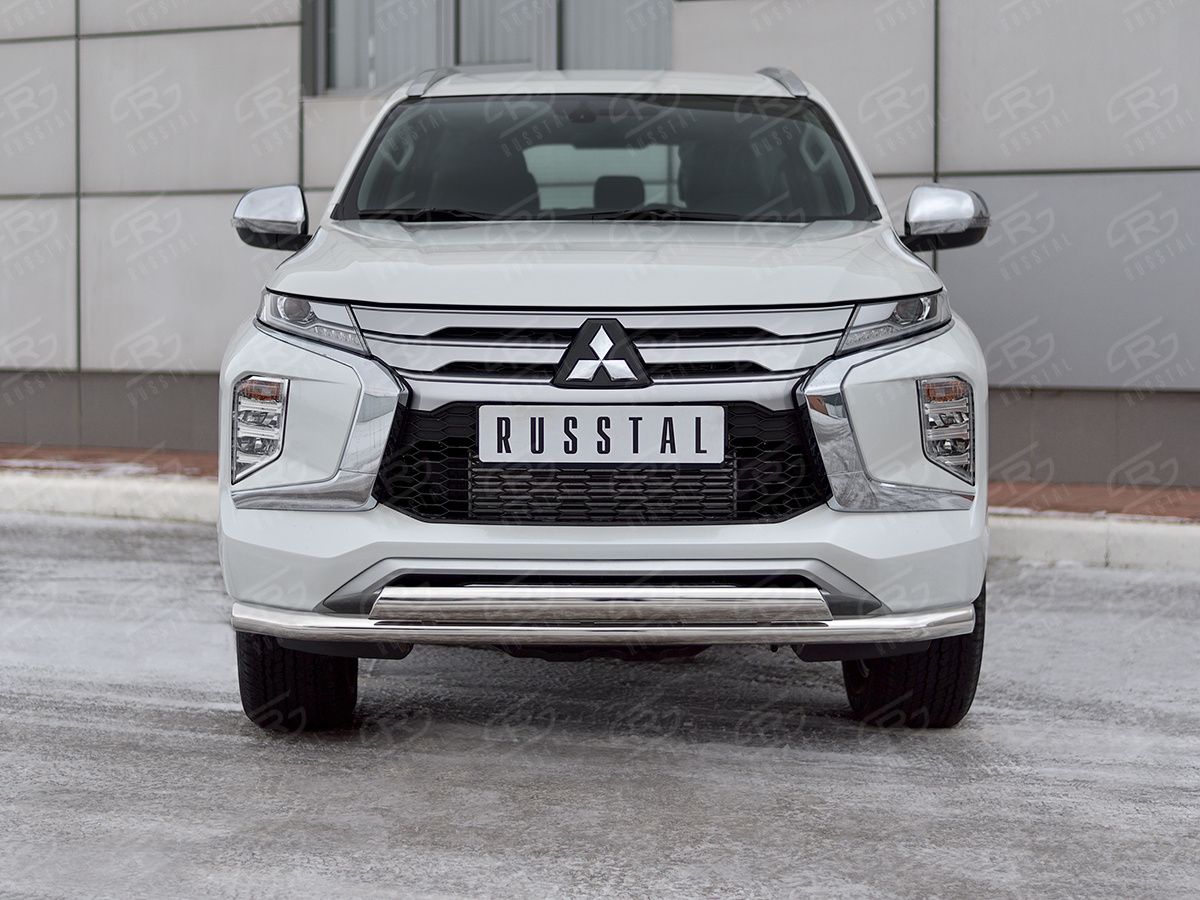 Защита RusStal переднего бампера d63 секции-d75x42 дуга для Mitsubishi Pajero Sport III рестайлинг 2021-2026. Артикул MPJSZ-003652