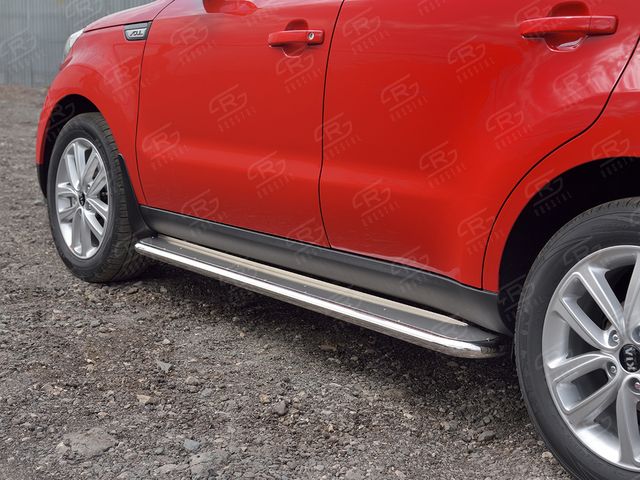 Защита порогов РусCталь труба d42 с листом (Лист нерж, проф. нерж) (вариант 3) для Kia Soul II 2016-2019. Артикул KSOL-0027543