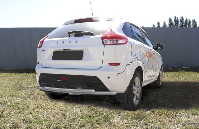 Защита Slitkoff заднего бампера d42+d42 двойная для Lada Xray 2015-2026 Серебристая. Артикул LadXR013S