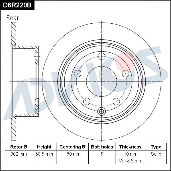 Тормозной диск Advics для Jeep Compass I 2006-2016. Артикул D6R220B