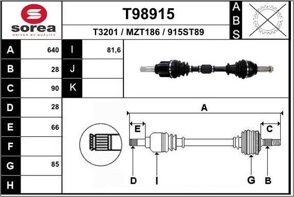 Полуось (привод в сборе, приводной вал) EAI. Артикул T98915