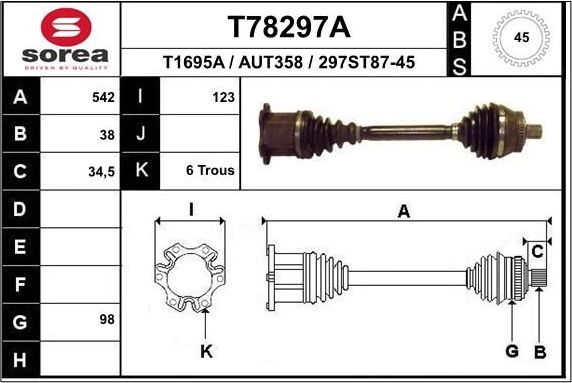 Полуось (привод в сборе, приводной вал) EAI. Артикул T78297A