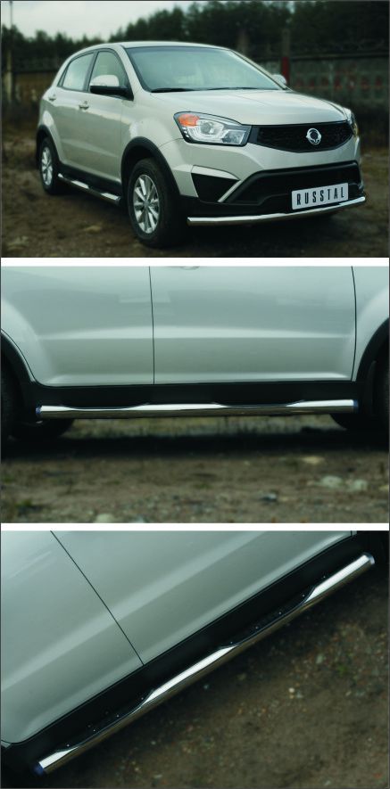 Защита порогов RusStal труба d76 с накладкой (вариант 2) для SsangYong Actyon II 2014-2026. Артикул SYAT-0019762
