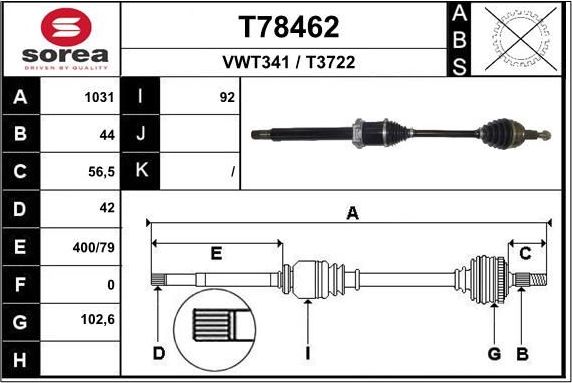 Полуось (привод в сборе, приводной вал) EAI передняя правая для Volkswagen Crafter II 2016-2026. Артикул T78462