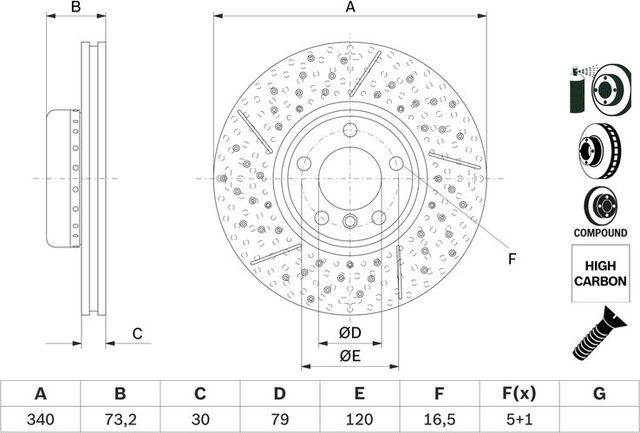 Тормозной диск Bosch передний для BMW 2 F22 2013-2026. Артикул 0 986 479 E12