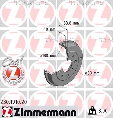 Тормозной барабан Zimmermann Coat Z задний для Fiat Bravo I 1995-2001. Артикул 230.1910.20