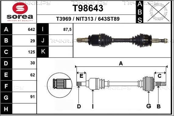 Полуось (привод в сборе, приводной вал) EAI. Артикул T98643