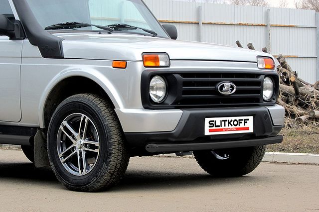 Защита Slitkoff переднего бампера d57 радиусная для ВАЗ 2121 4х4 Urban 3дв. 2014-2026 Черная. Артикул NivUR002B