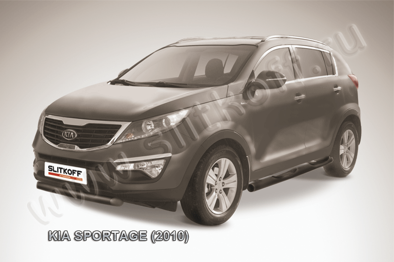 Защита Slitkoff переднего бампера d76 короткая ЧЕРНАЯ матовая для Kia Sportage III 2010-2014. Артикул KSP010-006B