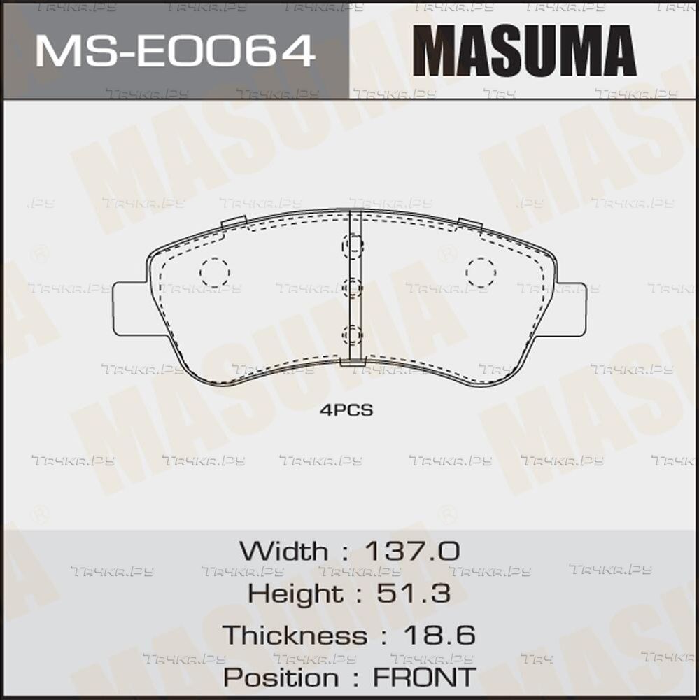 Тормозные колодки Masuma передние для Citroen C4 I 2004-2011. Артикул MS-E0064