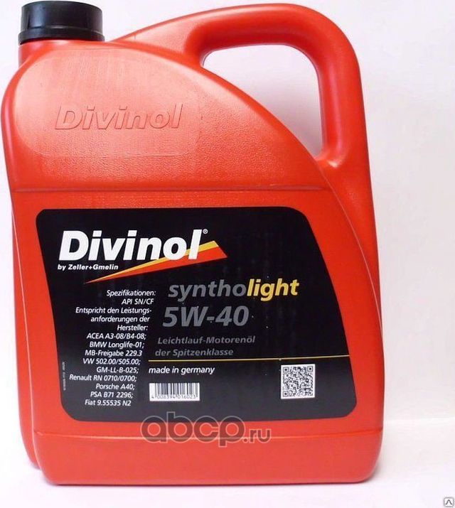 МАСЛО МОТОР. СИНТ. DIVINOL SYNTHOLIGHT 5W-40 API SN/CF, ACEA A3/B4, MB. Артикул 49520K004