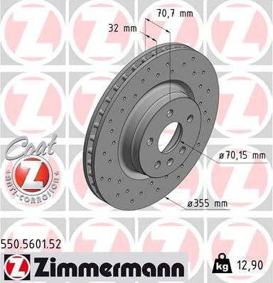 Тормозной диск Zimmermann Sport Coat Z передний для Tesla Model S I 2012-2026. Артикул 550.5601.52