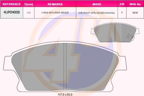 Тормозные колодки 4U передние для Chevrolet Cruze I 2009-2015. Артикул 4UP04008