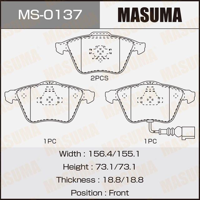 Тормозные колодки Masuma передние для Audi A3 II (8P) 2003-2013. Артикул MS-0137