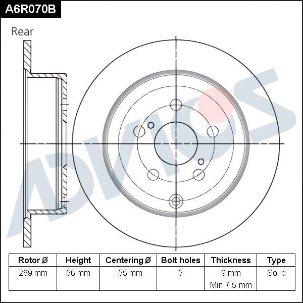 Тормозной диск Advics задний для Toyota Matrix I (E130) 2002-2007. Артикул A6R070B