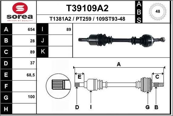 Полуось (привод в сборе, приводной вал) EAI. Артикул T39109A2