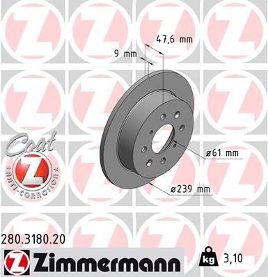 Тормозной диск Zimmermann Coat Z задний для Honda Jazz I 2004-2008. Артикул 280.3180.20